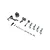 E-Flite control horn set including various grey plastic control horns, servo arms, screws, and small rectangular backing plates.