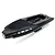 A black RC boat hull shown from a high angle on a white background, featuring an open deck area and internal mounting points.
