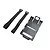 A black plastic battery tray and two black hook-and-loop velcro straps for an RC boat.