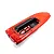 A bright red RC boat hull with an open cockpit area showing internal black plastic mounting structures against a white background.