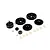 A set of Rovan RC drivetrain spare parts including a clutch bell, spur gears, pinion gears, and small plastic spacers on a white background.