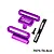 Purple anodized aluminium battery retainers, mounting screw, black strap, and text overlay on white background.