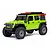 Studio product photo of a bright green Axial Jeep Wrangler RC rock crawler with roof rack and accessories on a white background.