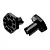 Two black anodised aluminium RC wheel hex adapters displayed against a clean white background.