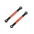 Two orange metal RC suspension linkages with black plastic rod ends on a white background.