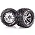 Two Louise 2.8 inch MT-Pioneer RC monster truck tyres mounted on chrome-finished multi-spoke wheels, shown against a white background.