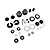 Disassembled parts for an RC Maker XS linear shock set including caps, washers, o-rings, and screws laid out on a white background.