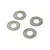 Four small silver metal shims or flat washers laid out on a plain white background.