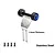 GPM stainless steel RC wheelie bar with blue aluminum wheels and four screws against a white background.