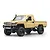 Studio product photo of the MN Model Toyota LC79 RC Rock Crawler in yellow, viewed from the front right three-quarters.