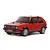 Studio product shot of Tamiya MB-01 Volkswagen Golf II GTI 16V RC car in red with silver wheels against a white background.