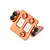 An orange anodized aluminium servo mount for an HSP Kulak RC crawler, featuring black Phillips head screws, set against a plain white background.