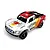High-angle studio shot of the MJX Hyper Go 1/14 scale electric brushless 4WD RC short course truck, featuring a white, red, and orange livery with active LED headlights.