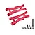 Two red anodised aluminium front lower suspension arms and four black screws on a white background.