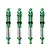 Four green aluminium adjustable RC shock absorbers with metal springs arranged vertically against a white background.