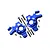 GPM aluminium front steering hubs in blue with included metal screws and bushings on a white background