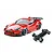 MST red GR86 RC drift car body with wide body kit and rear wing, shown alongside its black chassis on a white background.
