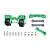 GPM aluminium complete adjustable rear wheelie bar in green, showing assembled dual wheels, mounting brackets, flat plates, screws, washers, and nuts on a white background.