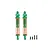 Two green aluminium adjustable RC shock absorbers with orange springs and four black mounting screws against a white background.