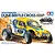 Tamiya BB-02 Volkswagen Dune Beetle Cross RC buggy kit box art showing the yellow and blue car racing.
