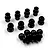 A set of twelve black steel pivot balls and threaded ball studs arranged on a white background.