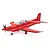 Studio shot of a red E-Flite Pilatus PC-21 RC airplane with white markings, cockpit pilots, and landing gear against a white background.