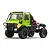 Green MN Model Unimog RC rock crawler truck featuring a black roll cage, large off-road tires, and lit headlights against a white background.