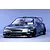 Studio product shot of Pandora RC Subaru Impreza 22B STi 7800 body shell painted dark grey with black wheels and red interior seats.