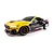 Studio photo of the HPI Stage-D10 Ford Mustang GT Spec-5 FD RC drift car in yellow, black, and pink livery against a white background.
