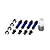 Four blue aluminium RC shock absorbers with black caps and springs spacers, plus a small bottle of silicone shock oil on a white background.