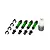 Four green aluminium GTM shock absorbers, four black preload spacers, and a bottle of silicone shock oil.