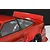 Close-up of a red RC car body featuring a ducktail spoiler mounted on the rear decklid and wide fender flares.