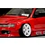 Close-up of a red RC drift car body installed with wide over-fenders and white six-spoke wheels.