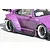 Close-up side profile of a purple RC drift car body installed with wide fenders, deep-dish wheels, and sponsor decals.