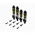 Set of four assembled gold and black Arrma RC shock absorbers with coil springs and mounting hardware on a white background.