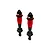 Two Arrma 107mm EXB shock absorbers with red anodized aluminum bodies and black plastic components on a white background.