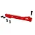 Arrma aluminium front brace in red, featuring cutout weight-saving slots, along with mounting screws and plastic parts on a white background.