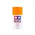 A 100ml can of Tamiya TS-96 Fluorescent Orange lacquer spray paint, featuring the Tamiya logo and safety warnings on a white background.