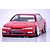 Red RC drift car body styled as a late model S14 Silvia with white wheels, parked on a reflective white surface.