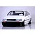 Front three-quarter view of a white Pandora RC Toyota AE86 Corolla Levin 3-door body shell mounted on an RC chassis with custom wheels.