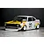 Painted Pandora RC Toyota Corolla Levin TE27 body shell featuring white, yellow, and Castrol racing livery on a studio surface.