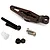 Kyosho aluminium servo horn in gunmetal finish with mounting hardware including screws, nuts, and a plastic bushing.