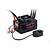 Surpass Rocket 90A Brushless ESC with built-in fan, attached wires, and external switch against a white background with water splashes.