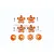 GPM orange anodized aluminium clawed wheel hexes, pins, and wheel nuts laid out on a white background with a faint watermark.