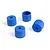 Four blue plastic cylindrical wheel washers or spacers arranged on a plain white background.