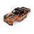Maverick 1/18 AT1 painted body shell in orange and black with ATOM graphics and roof light bar on a white background.