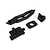 A set of four black moulded plastic chassis parts and mounts for an RC car on a white background.
