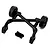 A black plastic RC wheelie bar assembly with dual wheels and four mounting screws against a white background.