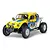 Studio shot of the Tamiya BB-02 Volkswagen Dune Beetle Cross RC buggy in yellow and white with racing decals.