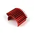 Red anodized aluminium heat sink with curved cooling fins against a plain white background.